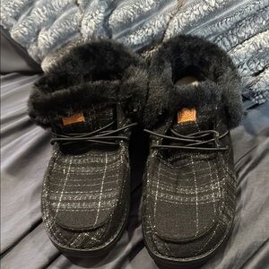 Hey Dudes Black Plaid Fur-Lined Shoes